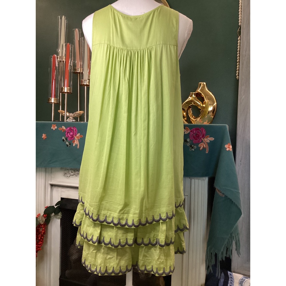 Uncle Frank Lime Green Tiered Scalloped Embroidered Cotton Babydoll Dress Medium - Picture 2 of 4
